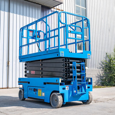 Angkat Gunting Self Propelled Listrik Biru Kapasitas 320kg Tinggi Maks 13,8m