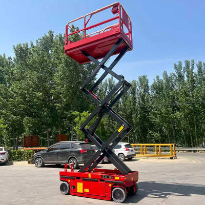 Platform Scissor Lift Hidrolik 320kg 10m Kecil Merah Bergerak Sendiri